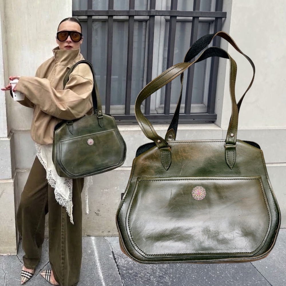 Vintage Leather Tote Bag Crystal Rhinestone Concho Green Large OS